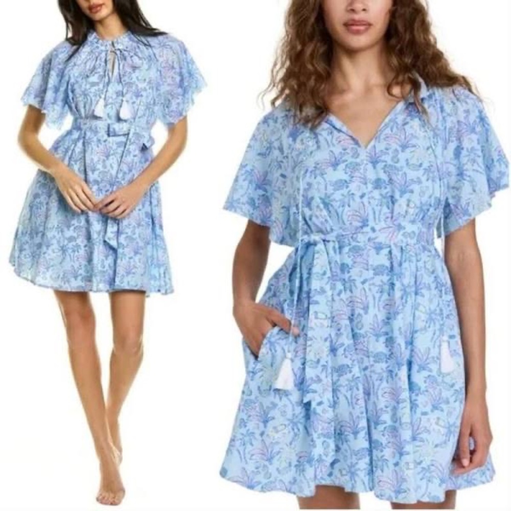 NWOT Roller Rabbit Blue Belted Nightgown Dress with Short Sleeves Size M Cozy!